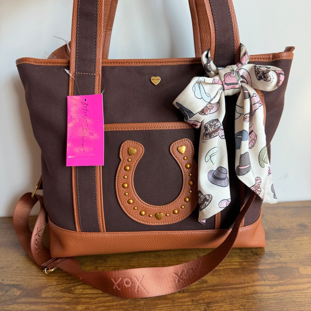 New Betsey Johnson Brown Tote Shoulder Handbag Horse Cowboy Western Cute